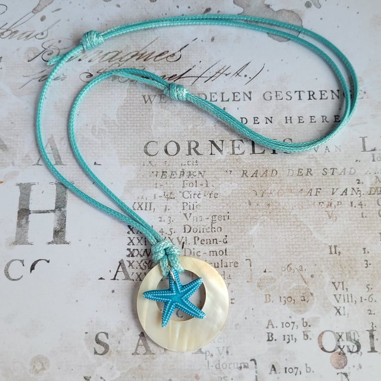 Starfish Mother-of-Pearl Shell Pendant, Hand Knotted, Adjustable Length