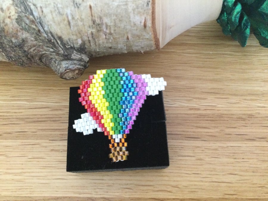 Beaded Rainbow Hot Air Balloon and Clouds Brooch