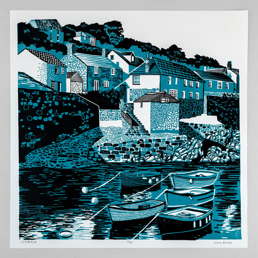 Coverack, Cornwall, two colour limited edition lino print