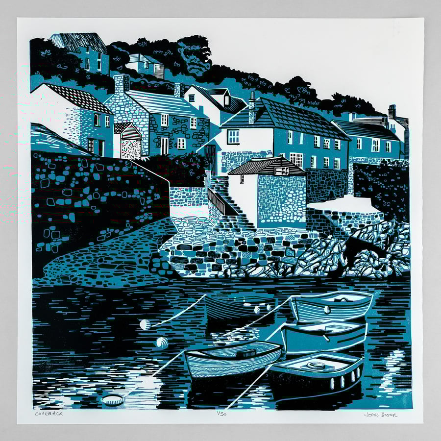 Coverack, Cornwall, two colour limited edition lino print