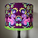 Purple and Green Squirrels and Flowers Lampshade with Green Pompom Trim