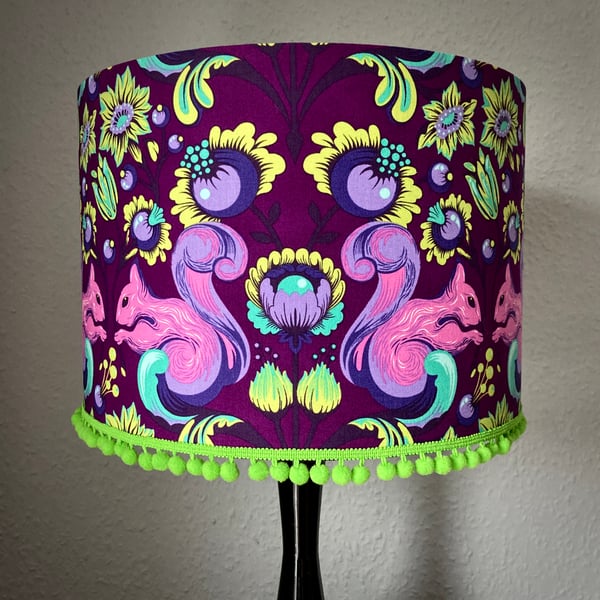 Purple and Green Squirrels and Flowers Lampshade with Green Pompom Trim