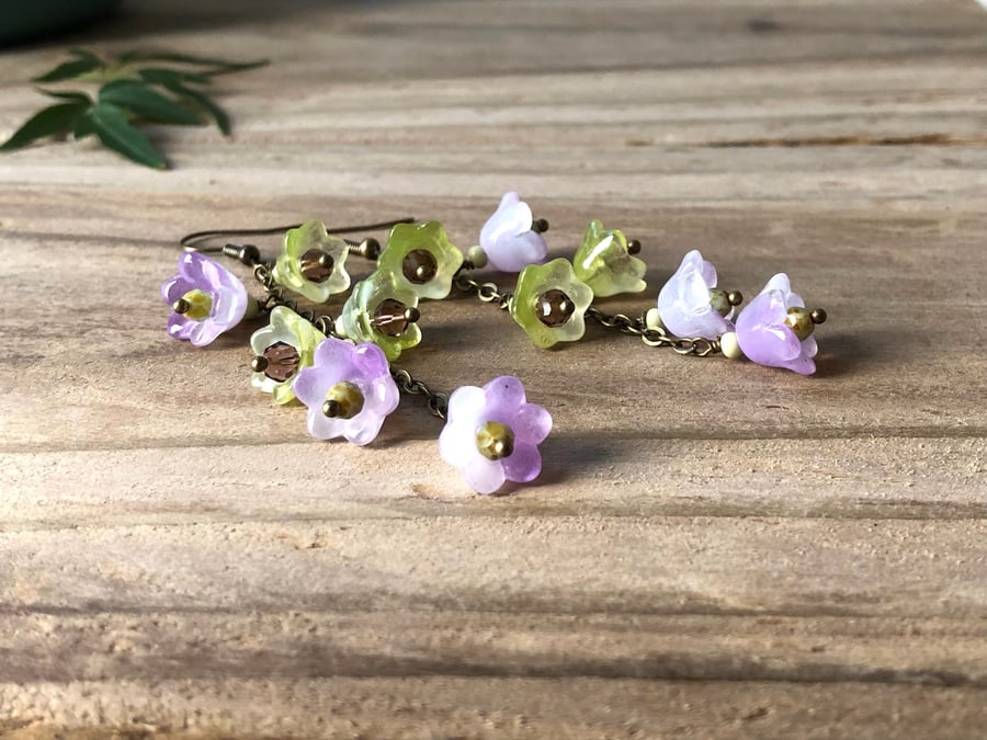 Purple & Green Glass Flower Earrings. Log Boho Beaded Floral Earrings