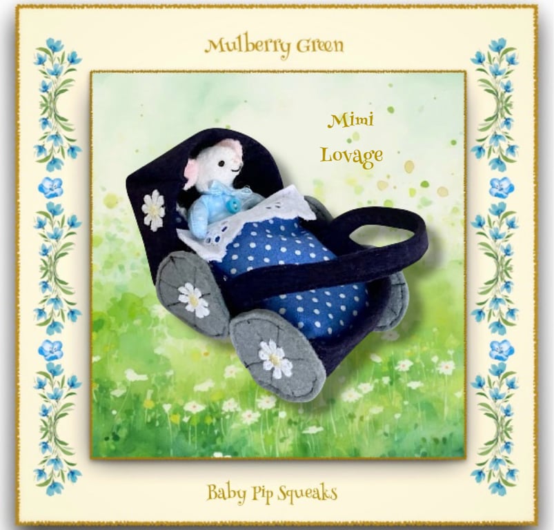 Mimi Lovage - A Baby Pip Squeak in a Navy Felt Pram 
