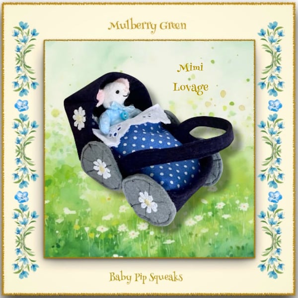 Mimi Lovage - A Baby Pip Squeak in a Navy Felt Pram 