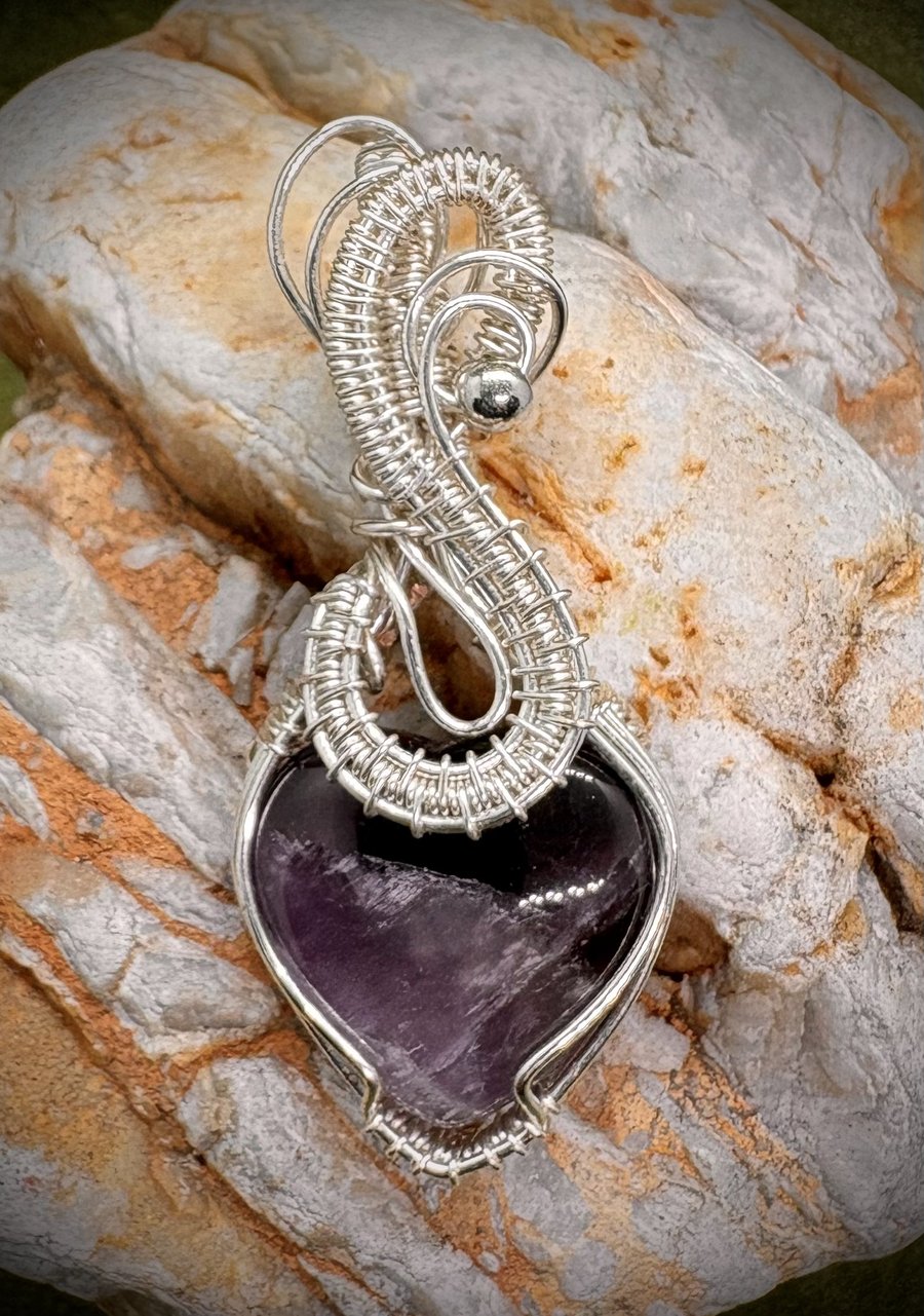 Silver wire wrapped Amethyst heart stone