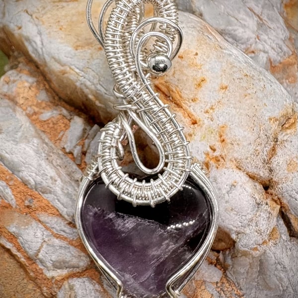 Silver wire wrapped Amethyst heart stone