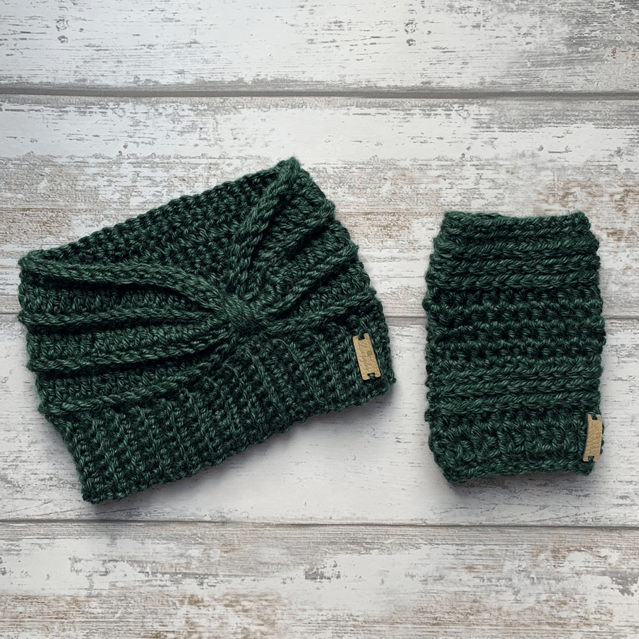 Handmade crochet ear warmer headband and fingerless glove set in green