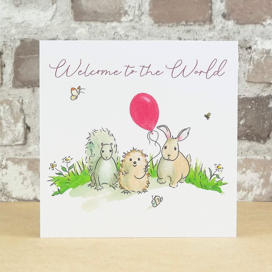 New Baby Card Animal Pink Balloon