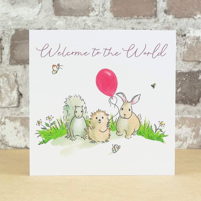 New Baby Card Animal Pink Balloon