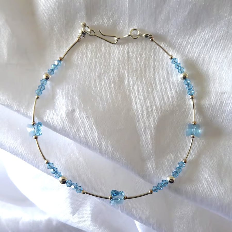 Sterling Silver and Swarovski Aquamarine Crystal Anklet with Hook & Eye Clasp