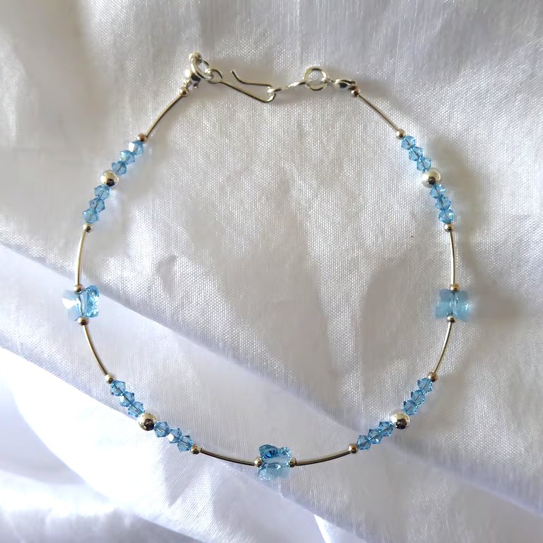 Sterling Silver and Swarovski Aquamarine Crystal Anklet with Hook & Eye Clasp