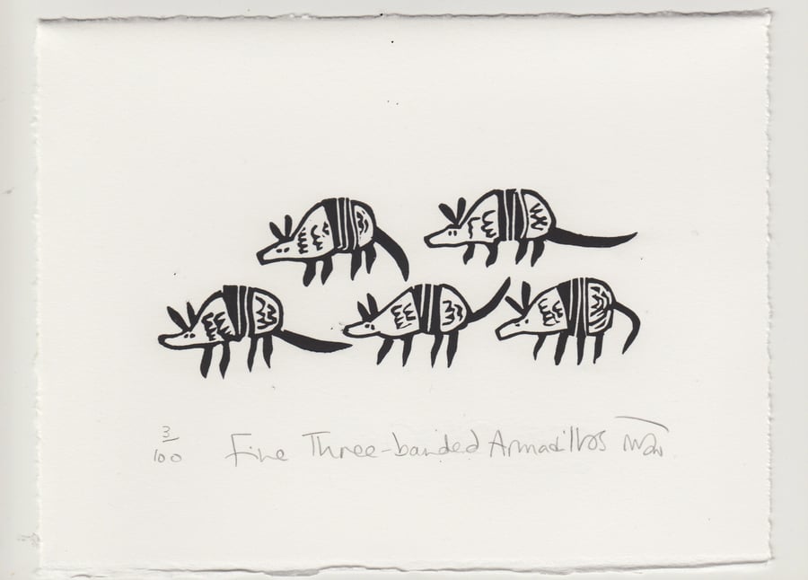 Five Three-banded Armadillos - lino cut print