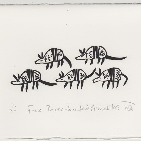Five Three-banded Armadillos - lino cut print