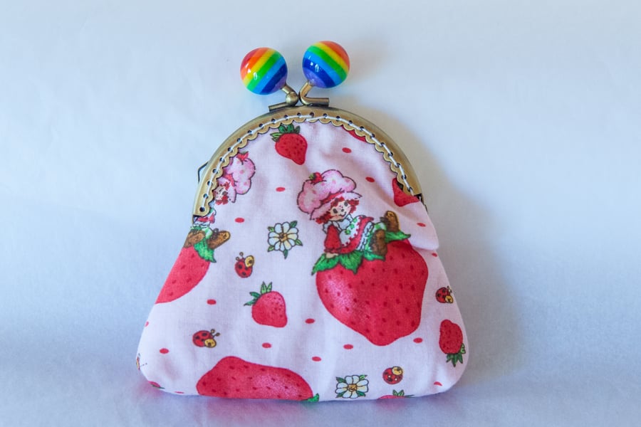 One of a Kind Kiss Lock Purse with Retro Strawberry Shortcake Design