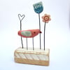 SALE - Little Fabric Bird with Two Clay Flowers and a Wire Heart