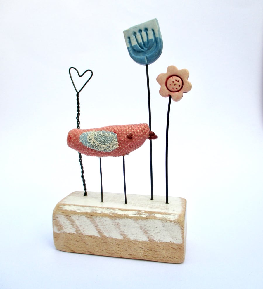 SALE - Little Fabric Bird with Two Clay Flowers and a Wire Heart