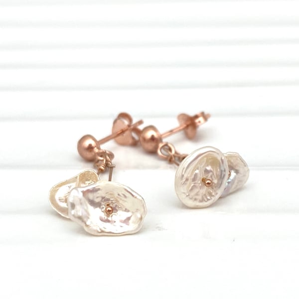 Pearl Earrings  -  Keishi Pearl Gold Plated Silver Dangle Drop Earrings.