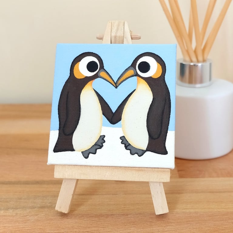 Penguins in Love Mini Painting - unique art gift for partner