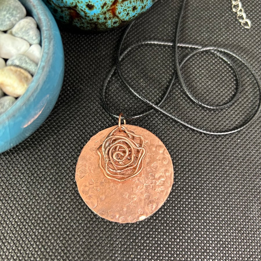 Textured Copper Pendant With Rose Charm Folksy