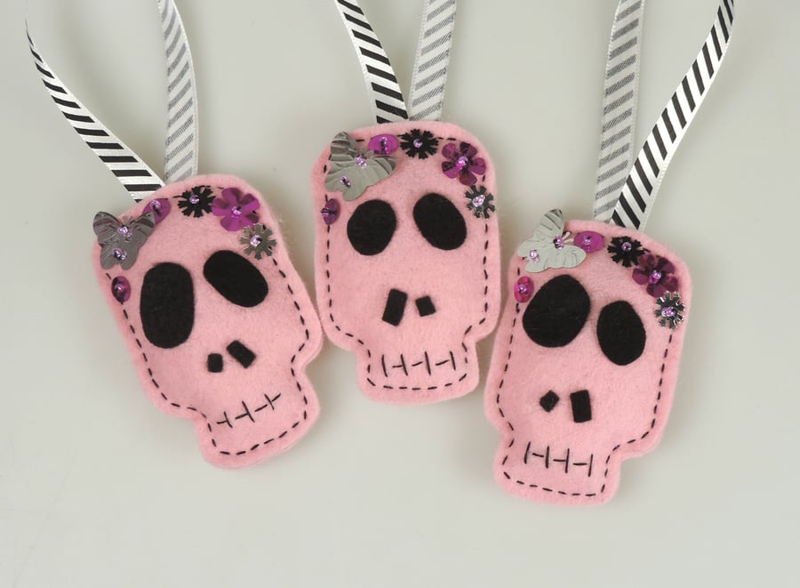 Halloween Skull, Day of the Dead, Fun Felt Decorations set of 3