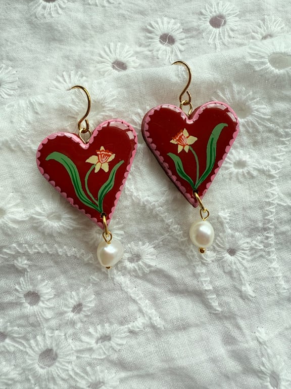 Hand Painted Daffodil Heart Pearl Drop Earrings - FREE SHIPPING