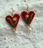 Hand Painted Daffodil Heart Pearl Drop Earrings - FREE SHIPPING
