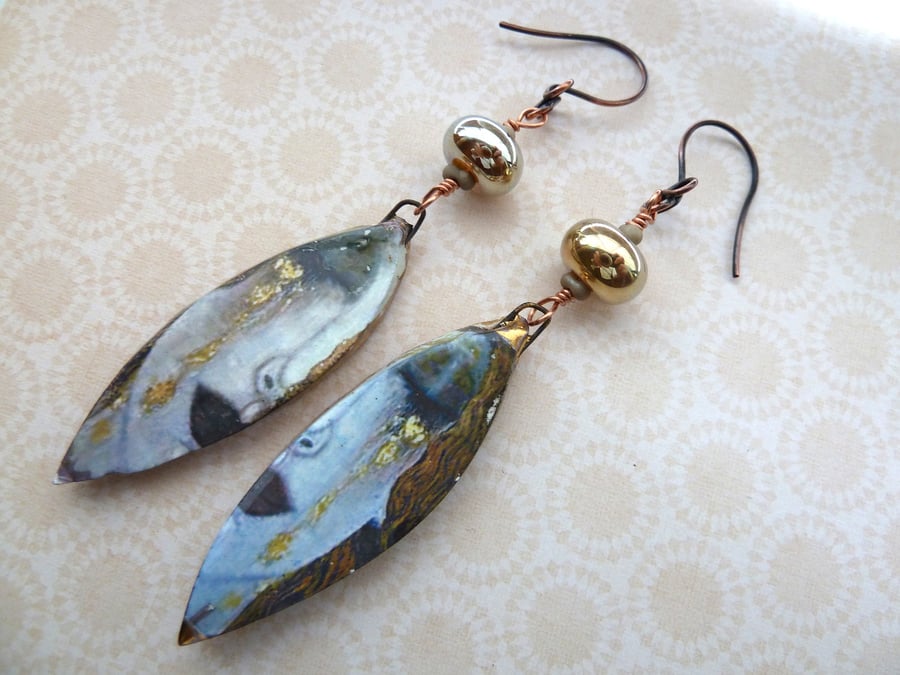 handmade lampwork and ceramic golden tears copper earrings