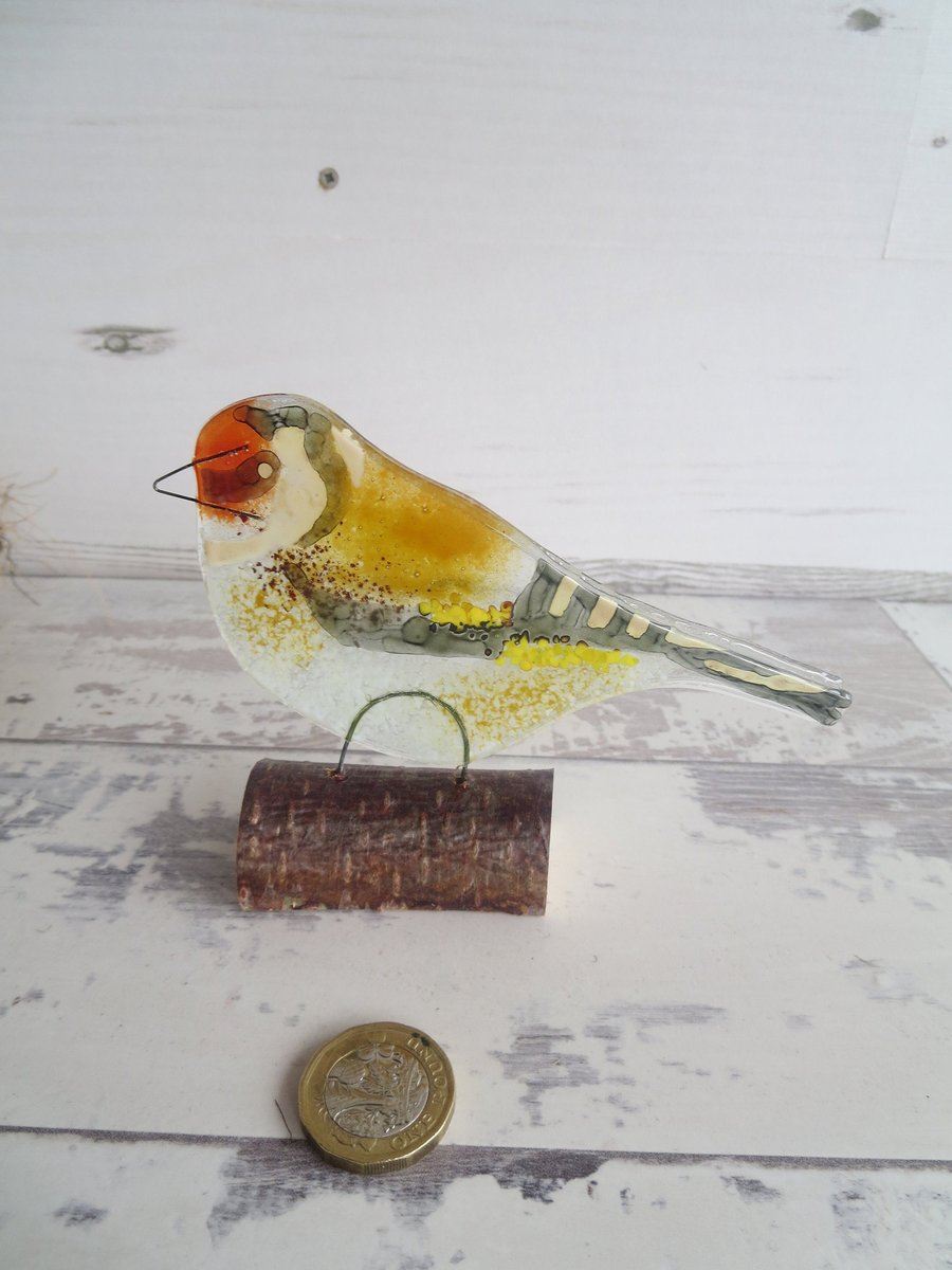 A Goldfinch on a Branch - Windowsill Decoration - Fused Glass Ornament - Bird