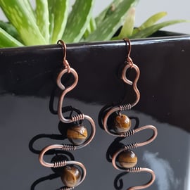 Handmade Natural Tiger's Eye Copper Dangle Earrings Gift Boxed Crystal Jewellery