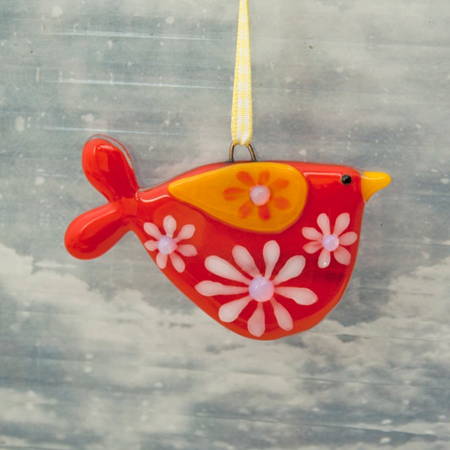 Fused Glass Red Flowery Bird Decoration