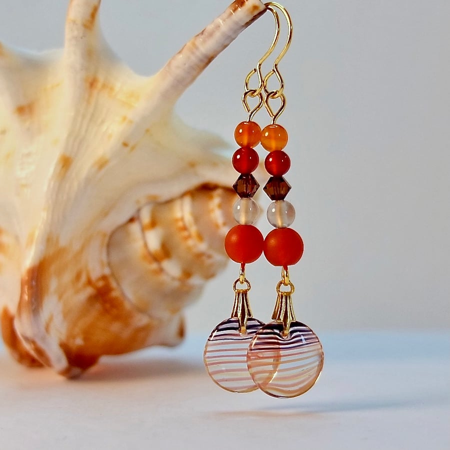 Carnelian And Czech Glass Coin Earrings With Swarovski Crystal And Agate.