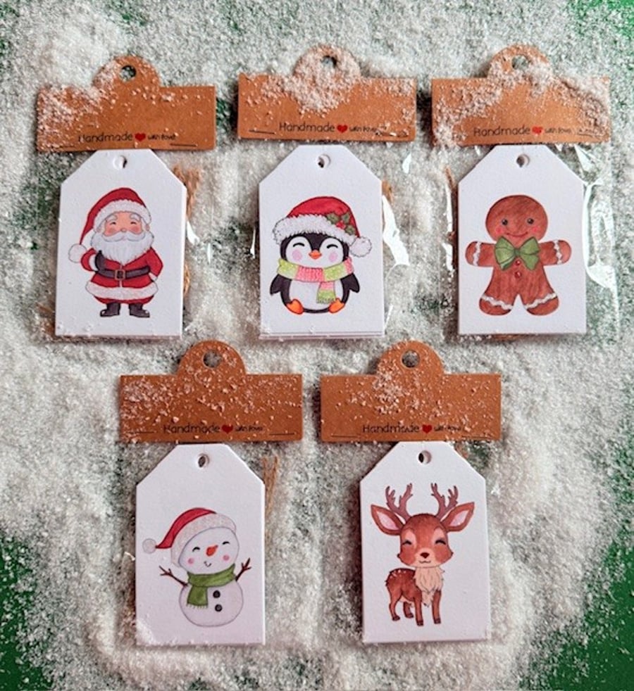 Hand glittered Christmas Tags, Christmas Characters, Pk of 5 Tags, String Inc.