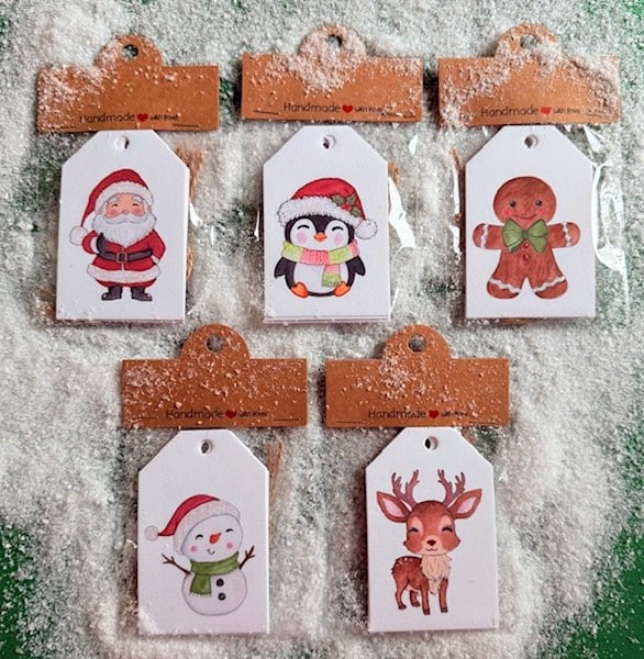 Hand glittered Christmas Tags, Christmas Characters, Pk of 5 Tags, String Inc.