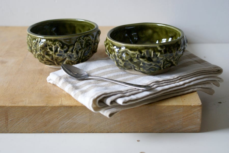 Two small stoneware cabbage bowls, snack bowl set glazed in green