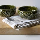 Two small stoneware cabbage bowls, snack bowl set glazed in green