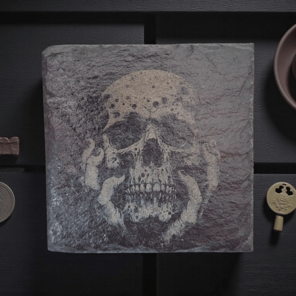Engraved Skull Slate Coaster – Gothic & Witchy Home Accent