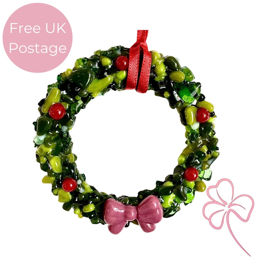 Fused Glass Christmas Wreath Hanging Decoration - Dusty Pink Bow 