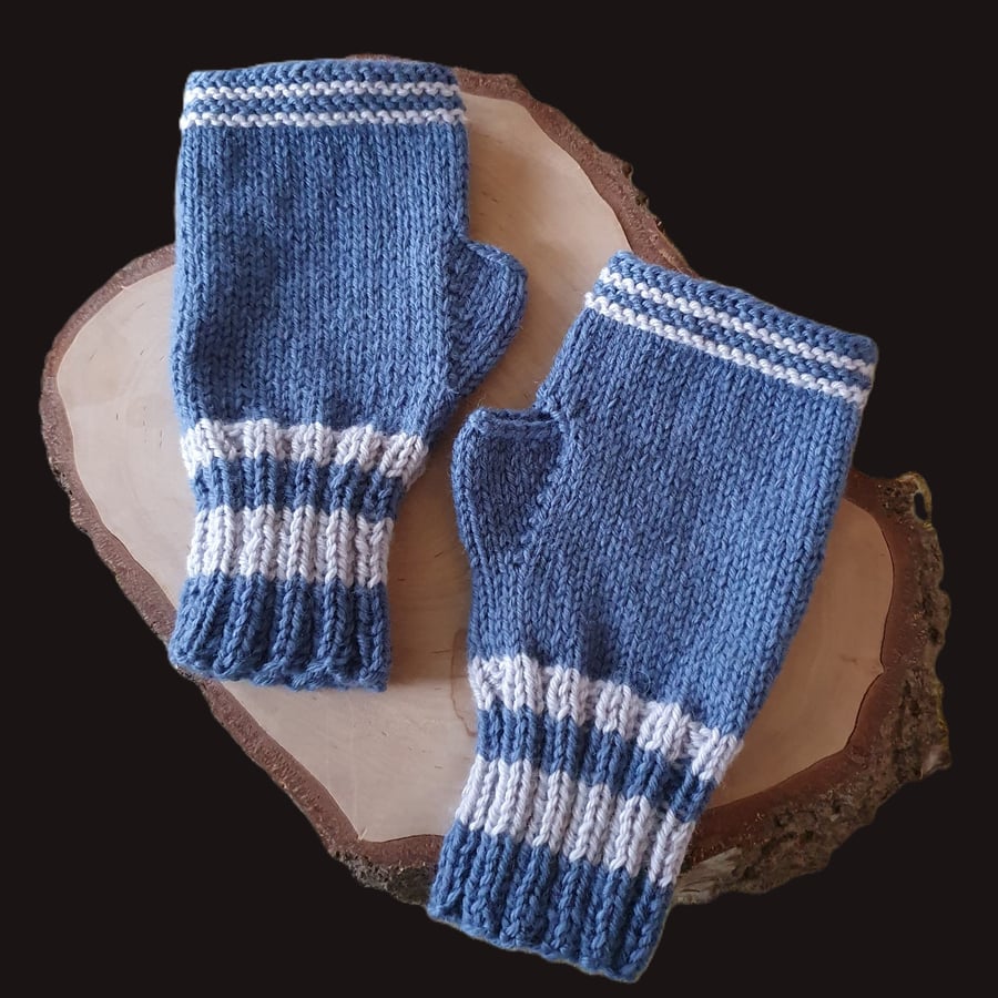 Fingerless Mittens, Mitts, Gloves, Unisex, 4 Sizes, Blue & Grey Stripes