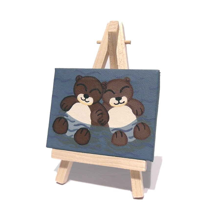 Cute Otters Holding Paws Original Mini Painting - acrylic art of sleeping otters
