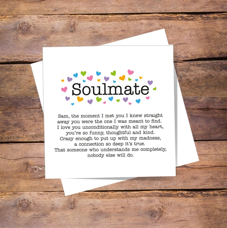 Soulmate Anniversary Personalised Card - valentines, birthday, love you