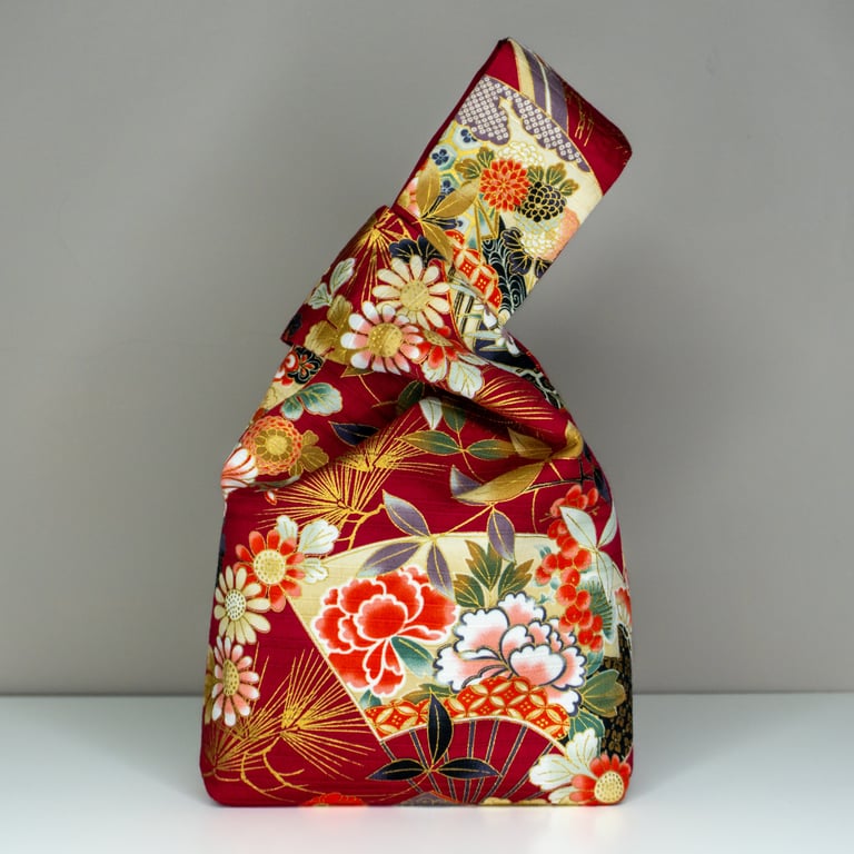 Reversible Japanese Knot Bag  - Red Floral Fan Print - Red Coloured Satin