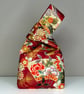 Reversible Japanese Knot Bag  - Red Floral Fan Print - Red Coloured Satin