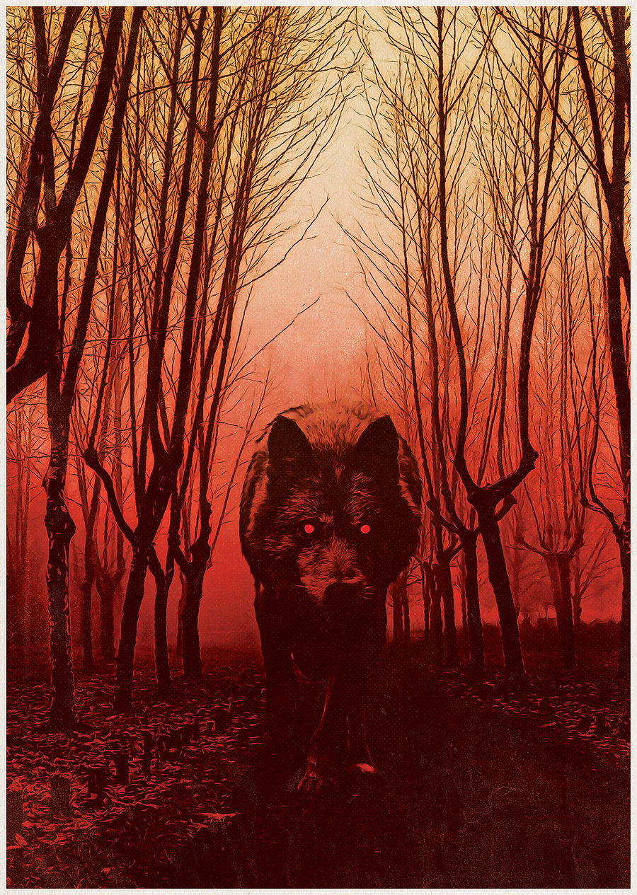 Black Dog, Wolf, Gwyllgi, Black and Red Illustration, Dark Art, A5 Art Print