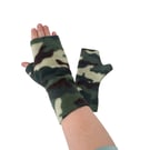 Fingerless arm warmer mittens Green camouflage fleece gloves for women 
