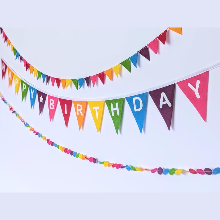 Happy birthday bunting handmade from wool blend felt in bright rainbow colours