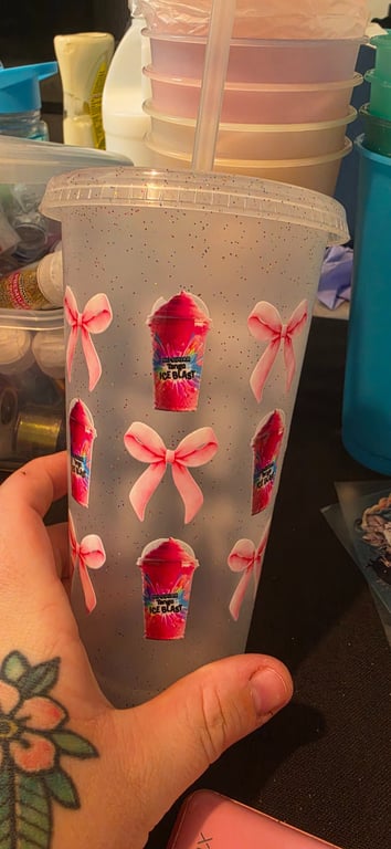 Tango Ice Blast wrapped glittery cold cup, with lid and straw