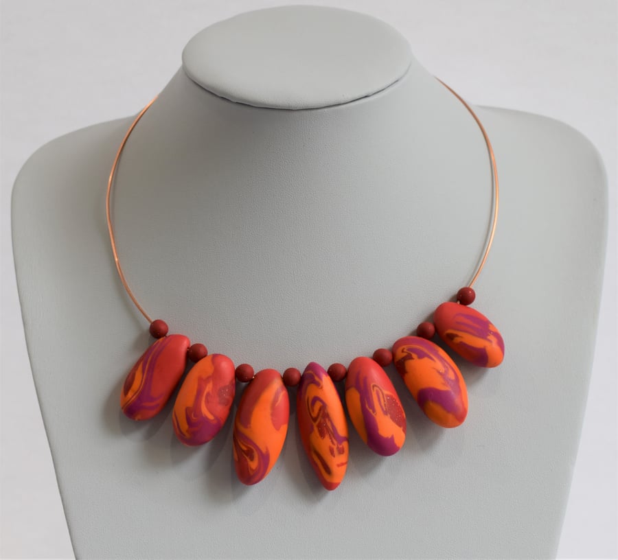 Glitter Red, Hot Pink & Tangerine, Handmade Polymer Clay Pebbles Beaded on Wire 