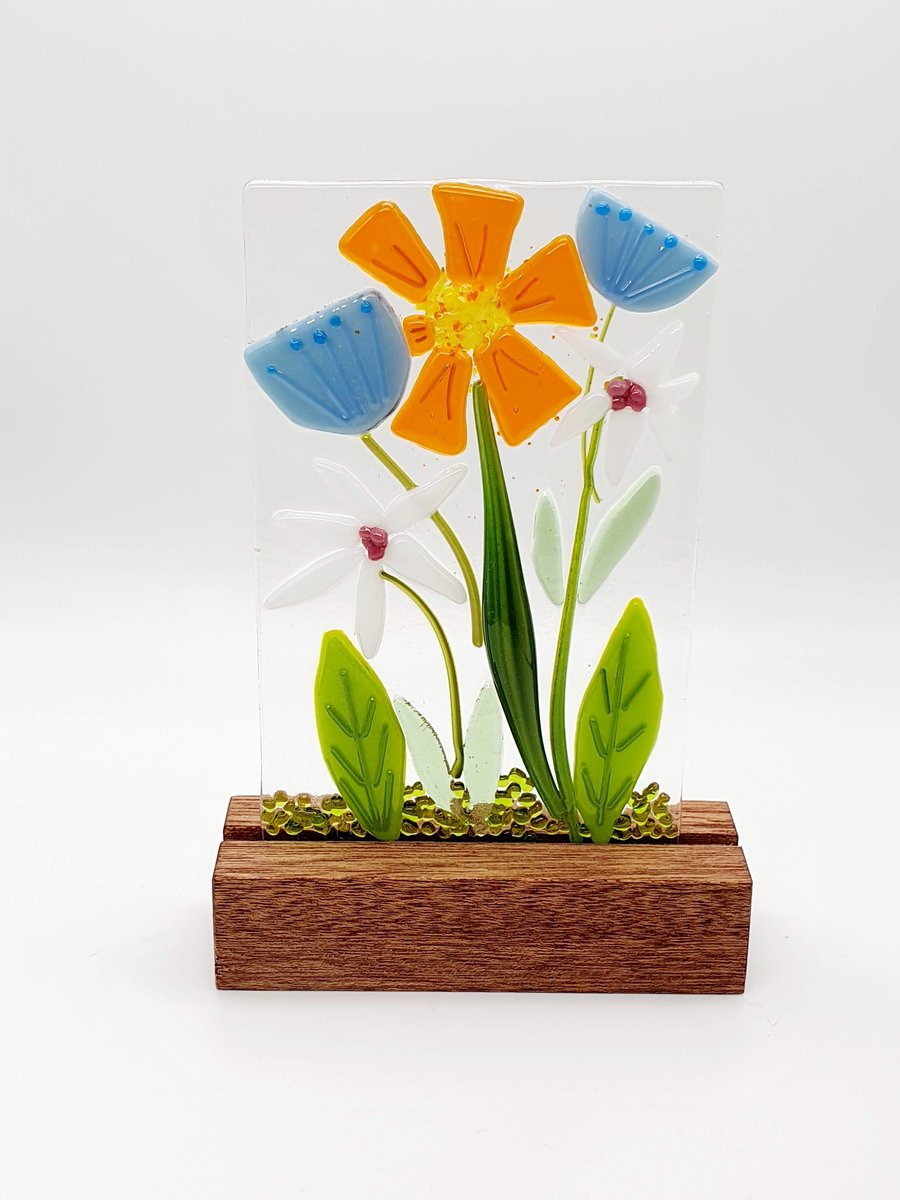 ‘Spring Flower’ Fused Glass Panel in Wooden Stand 