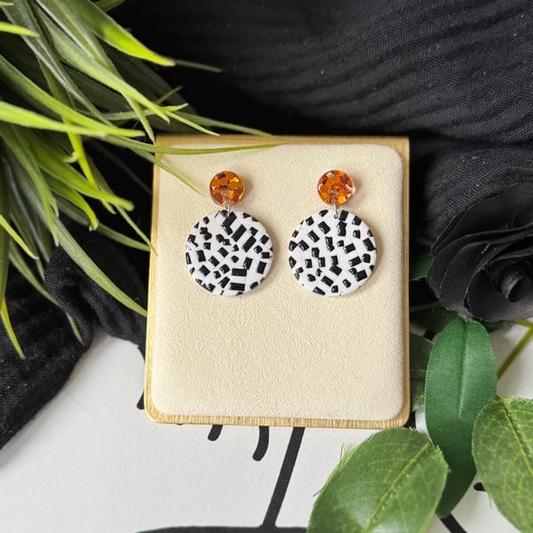 Striking White and Black fleck with Orange confetti Earrings